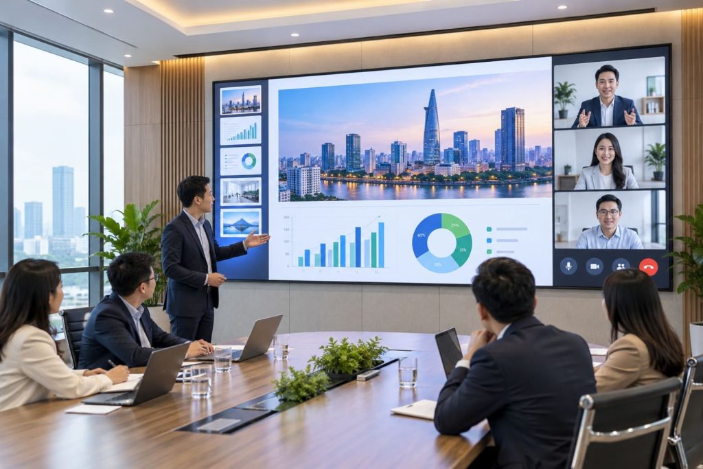 Màn hình LED phòng họp: Ưu điểm, phân loại và cách lựa chọn 1 Giải pháp trình chiếu hiện đại cho không gian hội họp.