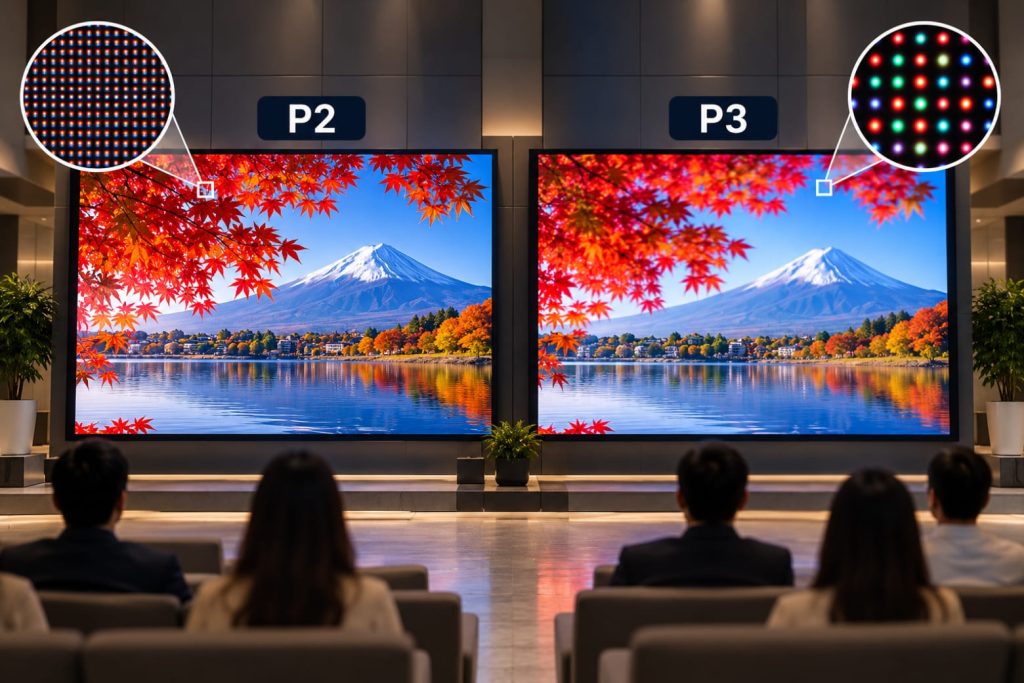 So sánh màn hình LED P2 và P3: Khác nhau thế nào, nên chọn loại nào? 1 P2 nét hơn khi xem gần, P3 tối ưu chi phí