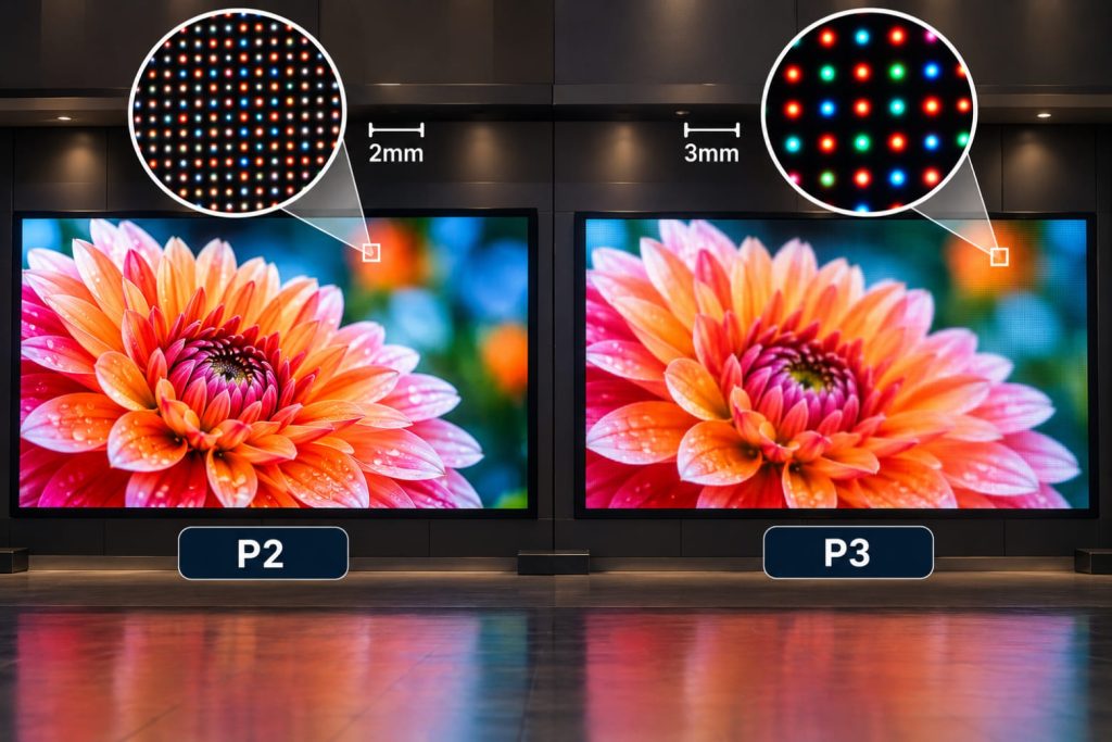 So sánh màn hình LED P2 và P3: Khác nhau thế nào, nên chọn loại nào? 2 LED P2 có mật độ điểm ảnh gấp 2,25 lần P3