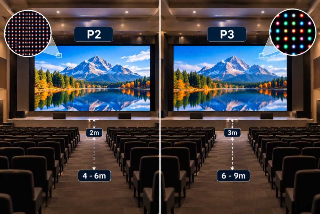 So sánh màn hình LED P2 và P3: Khác nhau thế nào, nên chọn loại nào? 3 P2 phù hợp xem gần, P3 thích hợp quan sát xa