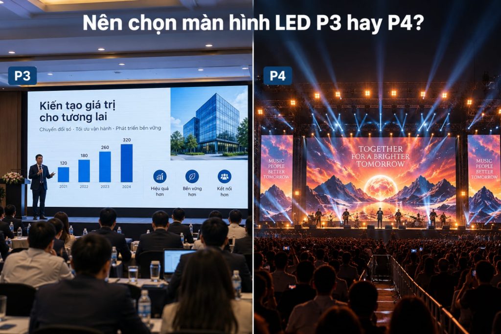 So sánh màn hình LED P3 và P4: Khác biệt và cách lựa chọn 4 Lựa chọn LED phù hợp theo không gian và nhu cầu trình chiếu.
